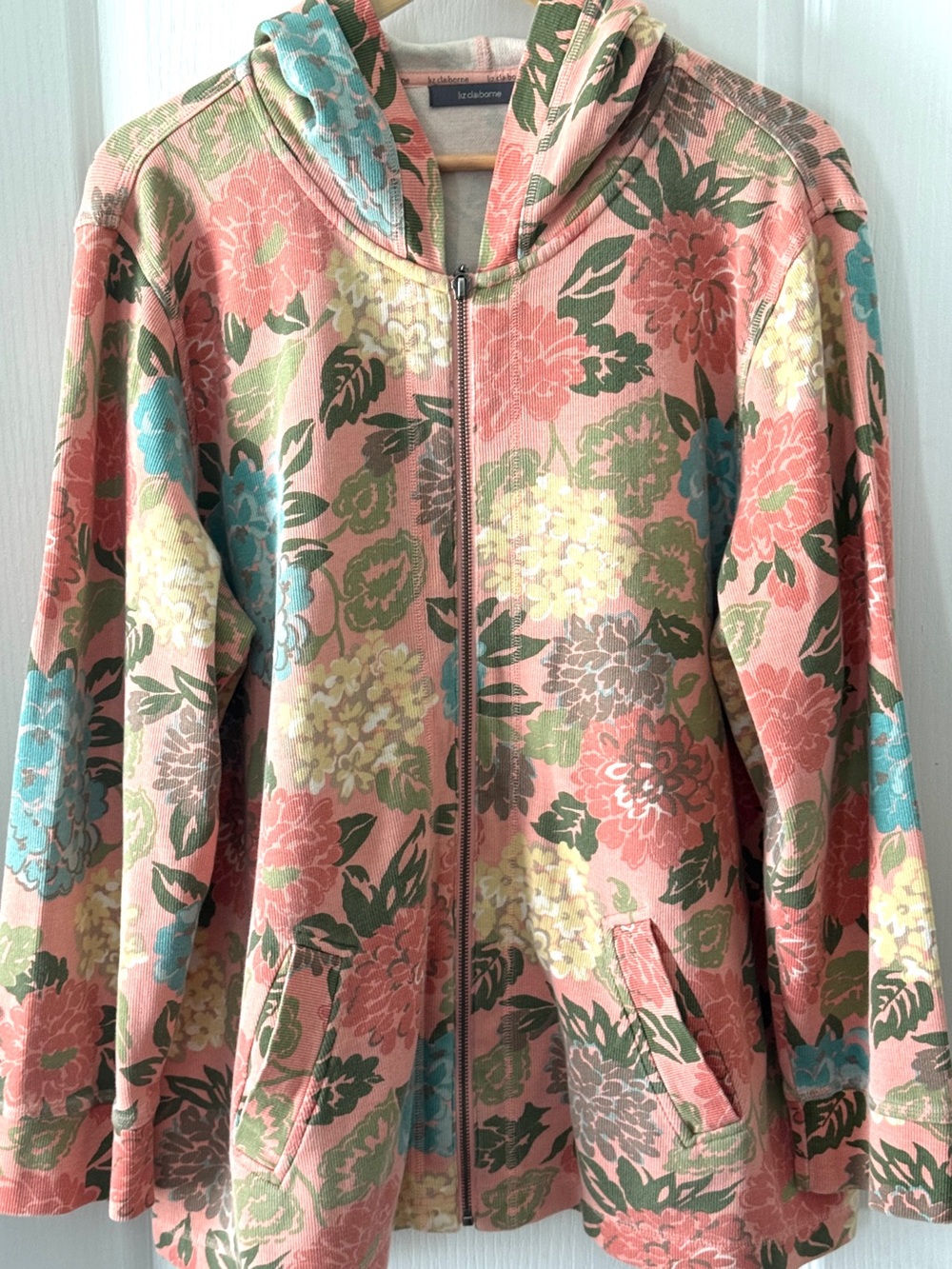 Liz Claiborne Floral Hydrangea Coral Ribbed Zip Front Sweatshirt Hoodie Size 2X